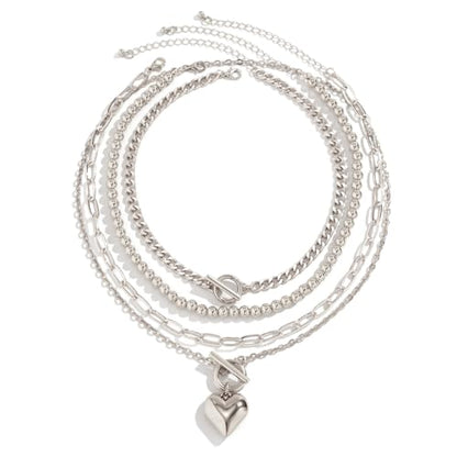 CSIYANJRY99 Layered Gold Necklaces for Women Chunky Gold Necklace Stack Layered Cuban Paperclip Snake Chain Necklace Retro Coin Dainty Pendant Toggle Clasp Necklace - style: Silver Beaded Heart