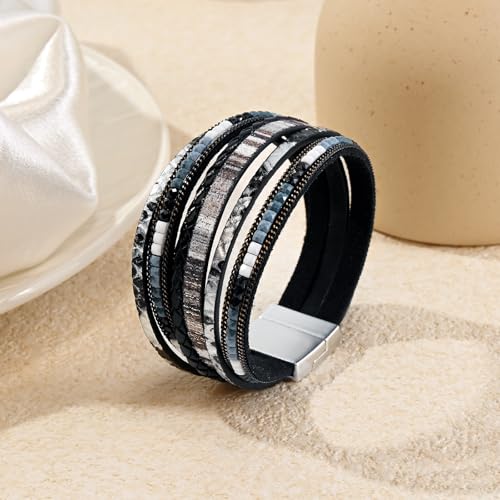 Wrapped Bracelets for Women,Leather Boho Bracelets for Women - color: Boho-Black