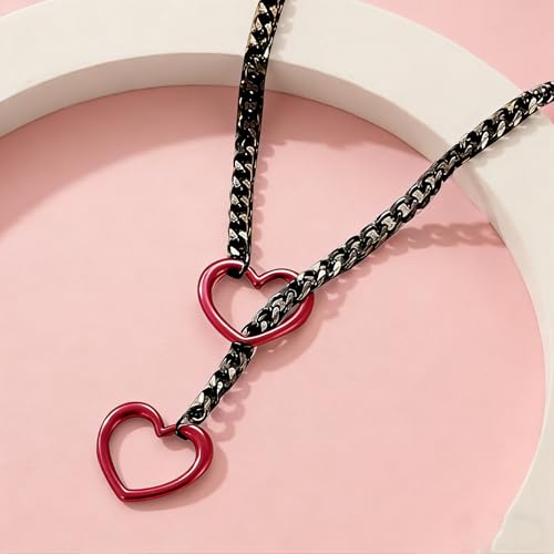 MIFYNN Heart O ring Slip Chain Necklaces for Women Stainless Steel Cuban Chain Bar Necklace Punk Rock Collar Necklace Handmade Adjustable Lariat Y Necklaces for Men - color: Black+Red