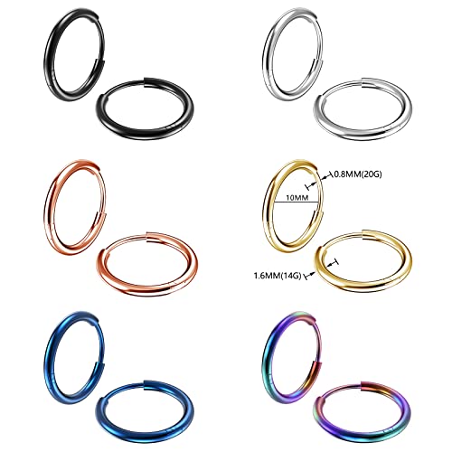 Osayia 316L Surgical Stainless Steel Small Hoop Earrings 8mm 10mm 12mm Hypoallergenic Huggie Thin Hoop Earrings Helix Lobes Hinged Sleeper Earrings Men Women for Cartilage Piercings - color: B: Diameter 10mm (6 Color),6 Pairs