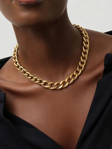 ChainsPro Cuban Link Chain for Women,Stainless Steel Chunky Necklace Silver/Gold Plated Thick Chain Choker, 12/16/20 mm Width,18" and 20" Punk Hip Hop Trendy Non Tarnish Jewelry Gifts - color: Gold Plated, style: 12mm-20"