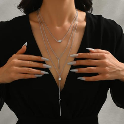 Layered Y Shape Necklace for Women Round Pendant Bar Minimalist Design Gold Silver