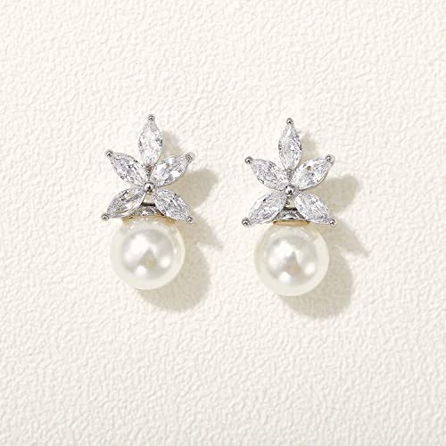 SWEETV Cubic Zirconia Pearl Drop Wedding Earrings for Brides, Ivory Bridal Pearl Earrings for Bridesmaid Jewelry Gift - color: 04.Style 4