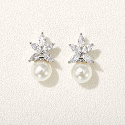 SWEETV Cubic Zirconia Pearl Drop Wedding Earrings for Brides, Ivory Bridal Pearl Earrings for Bridesmaid Jewelry Gift - color: 04.Style 4