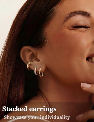 6 Pairs Gold Hoop Earrings Set for Women, 14K Gold Plated Lightweight Chunky Twisted Huggie Hoops, Hypoallergenic Small Thick Hoop Multipack Jewelry Gift - color: Hammered Gold