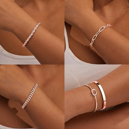 Gokeey Sterling Silver Cuff Bangle Bracelet Set for Women Waterproof, Non Tarnish S925 Silver Chunky Cuban Link Chain Heart Love Infinity Tie Knot Paperclip Beaded Twist Rope Silver Bracelets Fashion Jewelry Gifts Set - color: Rose Gold-Stackable Bangles