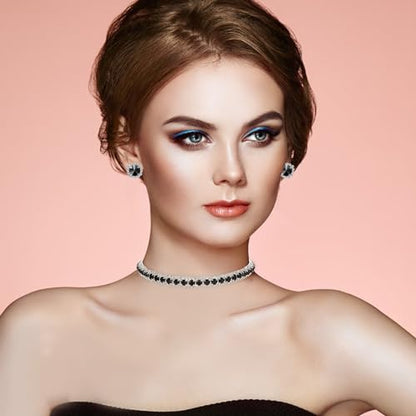 Women Rhinestone Crystal Jewelry Set Crystal Tennis Design Rhinestone Choker Necklace Link Bracelet Teardrop Earrings Set Wedding Bridal Bridesmaids Party - color: Silver Plated Black Crystal(2)