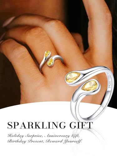 Bestyle Silver Birthstone Ring for Women, Dainty Sterling Silver Teardrop Ring Open Adjustable Band Ring, Love Statement TOI et Moi Ring Promise Ring for Her - color: 11.November ( Citrine)