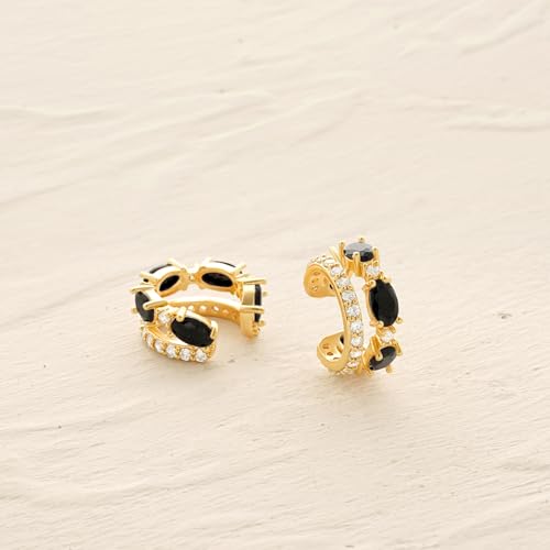 MYEARS Women Ear Cuff Earrings Gold Non Pierced Cartilage Clip on Open Wrap Split Double Hoop 14K Small Simple Hypoallergenic Everyday Jewelry - style: Black / Pair