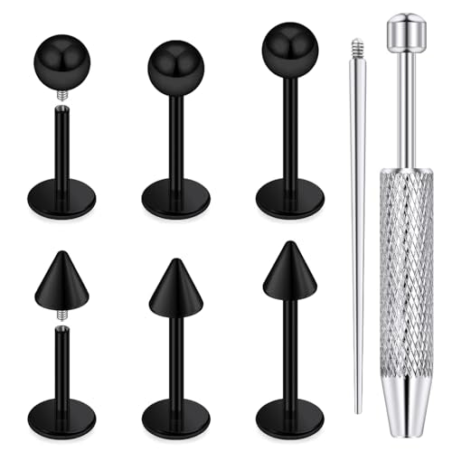 Internally Threaded Labret Studs 18G 16G 14G Surgical Steel Lip Piercing Jewelry with Claw Tool Monroe Snake Bite Jewelry Flat Back Barbell for Women Men Plus Piercing Ball Grabber Tool - color: black, size: 18g,ball+spike end