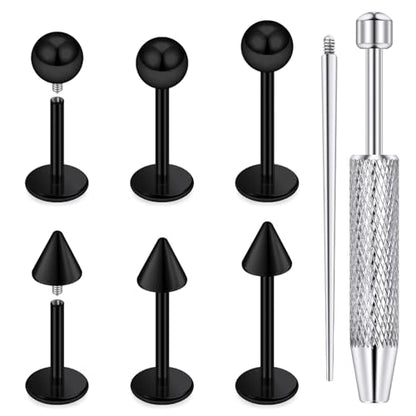 Internally Threaded Labret Studs 18G 16G 14G Surgical Steel Lip Piercing Jewelry with Claw Tool Monroe Snake Bite Jewelry Flat Back Barbell for Women Men Plus Piercing Ball Grabber Tool - color: black, size: 18g,ball+spike end