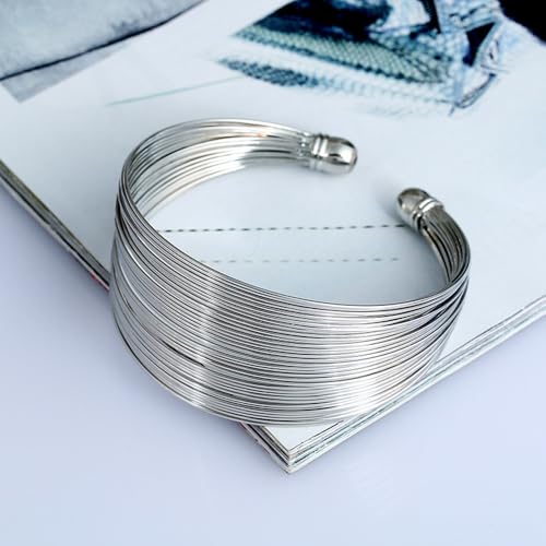 Layered Wire Open Cuff Bracelets for Women Chunky Gold Stacking Statement Bracelets Geometric Lines Minimalist Bangle Trendy Party Wrist Jewelry Gifts - color: Silver