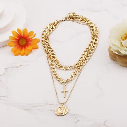 Todenb Layered Gold Pirate Necklace for Women Chunky Chain Pirate Jewelry 80s 90s Coin Pendant Necklace Pirate Costume Accessories - color: Cross g
