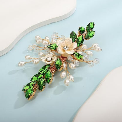 Xerling Green Rhinestones Emerald Crystal Flower Hair Barrettes Clip Boho Bridal Pearl Hair Jewelry Accessories for Women Wedding Floral Headpieces (Emerald) - color: Emerald