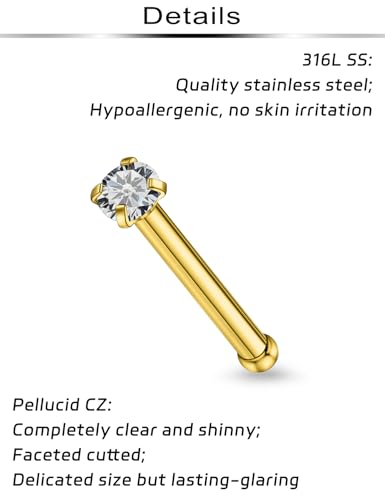 20Pcs Nose Rings Studs Surgical Steel L-Shape Nose Rings for Women 1.5mm 2mm Cubic Zirconia Nose Screw Studs Hypoallergenic Nose Piercings Jewelry 24g 22g 20g 18g - color: straight,goldtone, size: 20g,1.5mm CZ