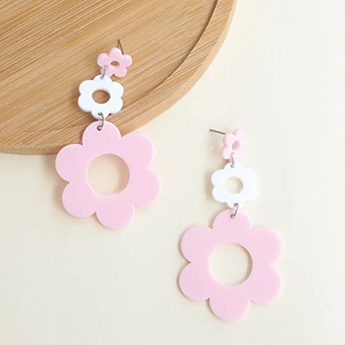 Handmade Acrylic Flower Earrings - Bohemian Double Daisy Drop Resin Flowers Dangle Earrings for Women Girls 70s 80s Party Accessories - color: pink