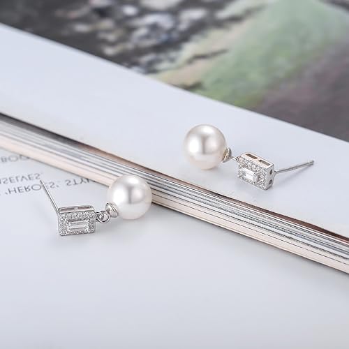 Double Pearl Drop Earrings for Women 925 Sterling Silver | 18k Gold Plated Big Large Pearl Dangle Earrings Pearl Dangling Stud Earring Bridal Wedding Jewelry Birthday Gifts for Mom - color: E-Silver