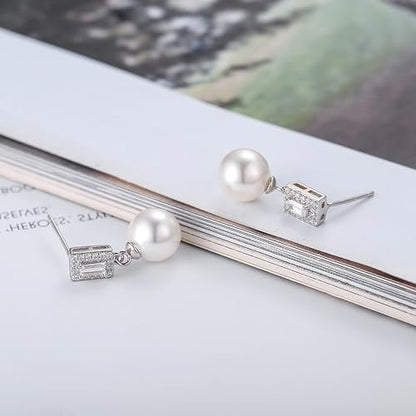 Double Pearl Drop Earrings for Women 925 Sterling Silver | 18k Gold Plated Big Large Pearl Dangle Earrings Pearl Dangling Stud Earring Bridal Wedding Jewelry Birthday Gifts for Mom - color: E-Silver