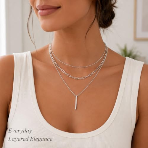 Gold Neklace Stack Dainty Gold Herringbone Necklace for Women Layered Paperclip Chain Necklaces Rhinestone Drop Simple Jewelry Gifts for Women - color: B4：3pcs-silver
