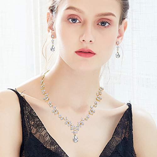 Jewelry Set for Women, Necklace Dangle Earrings Bracelet Set with White AAA Cubic Zirconia, Allergy Free Wedding Party Jewelry for Bridal Bridesmaid - color: Necklace + Earrings + Bracelet- gold plated