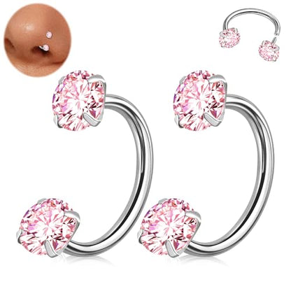 ONESING 9-40 Pcs Nose Rings - Hoops, Studs & L Shape - Hypoallergenic Stainless Steel Nose Piercings for Women & Men - color: 2pcs-16G Pink CZ
