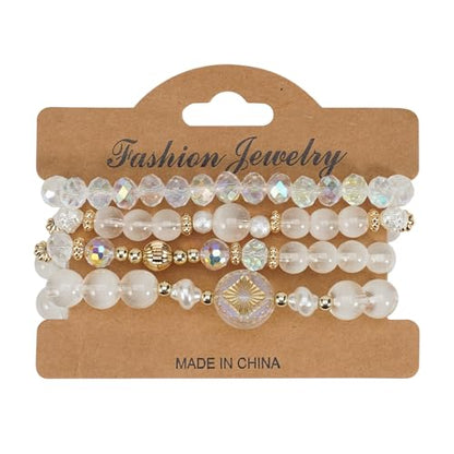 Boho Beaded Bracelet Set for Women - 4 Pcs Multilayer Stackable Crystal Glass Bead Bracelets with Faux Pearl Elastic Stretch Fashion Jewelry for Daily Wear, Beach, Party & Gifts - color: White