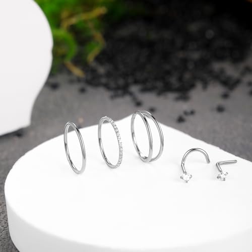 Xpircn 5pcs Hoop Nose Rings and L Shaped Nose Rings Stud Set 18G/20G Stainless Steel CZ Helix Conch Daith Tragus Cartilage Hoop Earrings for Women 6mm 7mm 8mm 10mm - color: Silver, size: 20G, 10mm hoop & 7mm studs