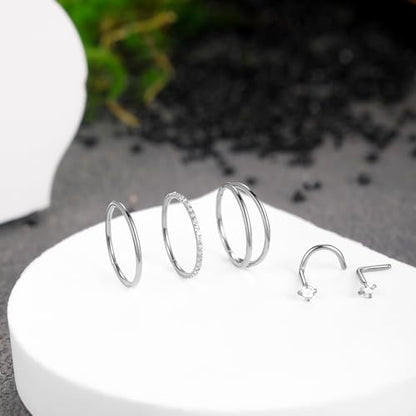 Xpircn 5pcs Hoop Nose Rings and L Shaped Nose Rings Stud Set 18G/20G Stainless Steel CZ Helix Conch Daith Tragus Cartilage Hoop Earrings for Women 6mm 7mm 8mm 10mm - color: Silver, size: 20G, 10mm hoop & 7mm studs