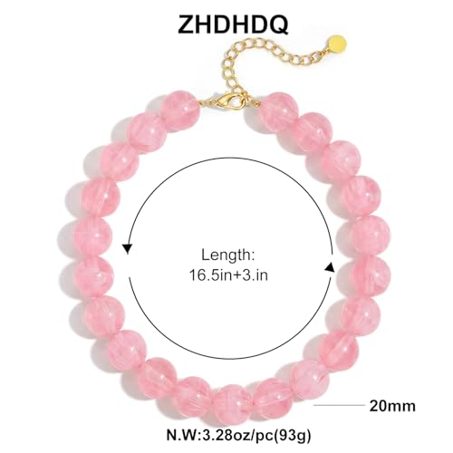 Multicolor Chunky Beaded Necklace, Statement Colorful Round Ball Beads Choker Necklace with Gold-Tone Adjustable Chain, Fashion Bold Neck Jewelry for Women - color: 20MM-Pink