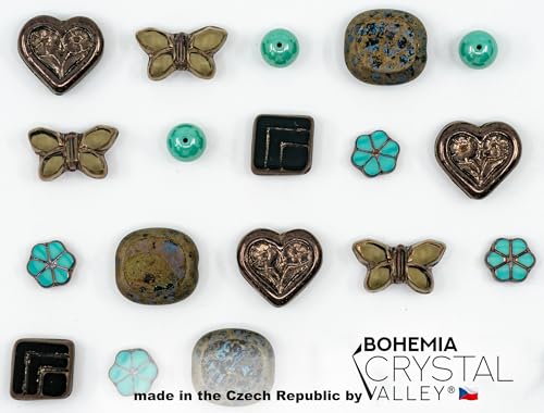 45+ pcs (2.1oz=60g) of Focal Glass Bead Mix with Table-Cut Flower and Butterfly Beads, PG Turqouise Brown Brass - color: Focal Brown Turqouise