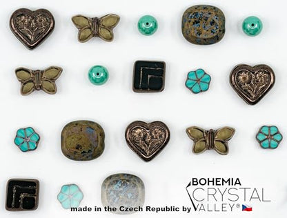 45+ pcs (2.1oz=60g) of Focal Glass Bead Mix with Table-Cut Flower and Butterfly Beads, PG Turqouise Brown Brass - color: Focal Brown Turqouise