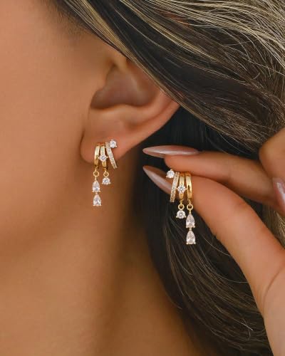 Dangle Gold Earrings for Women Trendy Triple Huggie Chain Earrings 14K Gold Plated Statement Cute Drop Dangle Earrings Dainty Hypoallergenic Chunky Hoop Earrings Fun Earring Stacks Jewelry - color: D-Tear Drop Earrings