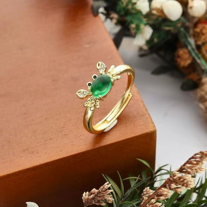 Dtja Crystal Crab Statement Ring for Women Gold Plated Expandable Cute Marine Animal Adjustable Open Wrap Finger Ring Elegant Birthday Holiday Party Jewelry - color: Green