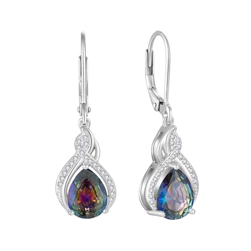 925 Sterling Silver Infinity Teardrop Earrings for Women | Lwsary Dangle Drop Leverback Earrings, Pear Shaped Birthstone Jewelry for Her - color: Rainbow