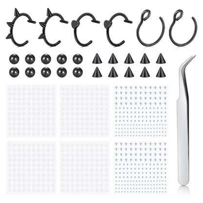 Longita Fake Lip Ring and Nose Piercing Set - Ball Spike, Hoop, Stud, Stick-on Bridge and Eyebrow Ring - Silver, Gold, Black - color: 2-black