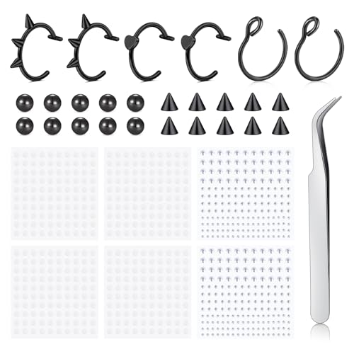 Longita Fake Lip Ring and Nose Piercing Set - Ball Spike, Hoop, Stud, Stick-on Bridge and Eyebrow Ring - Silver, Gold, Black - color: 2-black