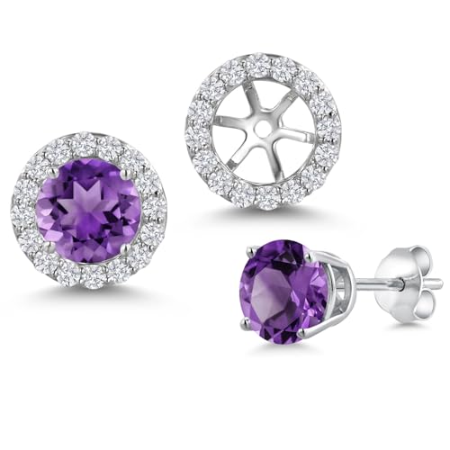 Gem Stone King 14K White Gold 6MM Round Gemstone Birthstone Stud Earrings with Removable Jackets and Lab Grown Diamond Accents | Gold Earrings For Women | Fine Jewelry Gift for Her Mom Women Wife - color: Amethyst-February