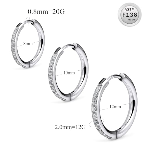 ASTM F136 Titanium Hoop Earrings for Women Small Huggie Hoop Earrings Hypoallergenic Helix Conch Cartilage Hoops Cubic Zirconia Cuff Earring Piercing Jewelry For Women Sensitive Ears 20G 18G - size: 20G - Inner Dia.:12mm
