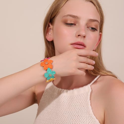 RUOFFETA Raffia Flower Cuff Bracelet for Women, Floral Chunky Bangle Wide Open Cuff Statement Bracelet - color: Colorful