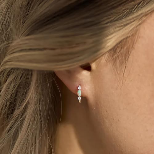Gold Opal Huggie Earrings for Women, Minimalist Small Hoop Earrings with Zircons - color: gold