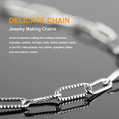 KYUNHOO 16.4 FT Silver Necklace Chains Bulk Embossed Paperclip Chain Roll | 304 Stainless Steel Chains for Jewelry Making Textured Paper Clip Chain with Clasps Jewelry Supplies DIY Crafts - color: Embossed Paperclip Silver
