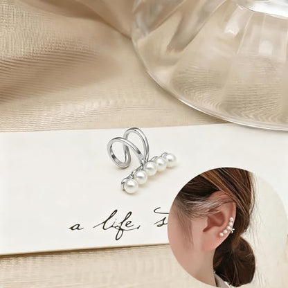 1Pair of Pearl Earrings Cuff For Women Non Piercing Fake Cartilage Wrap Ear Cuff Fashion Earrings Hypoallergenic Ear Cuff Ear Clip on Dainty Jewelry Accessory for Women Trendy - color: Silver