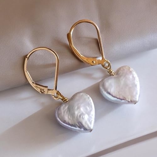 LILY LUSTRE 14k Gold Plated/Filled 925 Sterling Silver Handpicked AAAA Quality Natural White Freshwater Cultured Heart Shaped Pearl Huggie Hoop/Leverback Drop Dangle Earrings for Women - color: Gold Lever Back