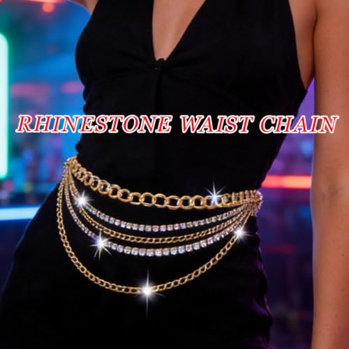 Rhinestone Sparkly Waist Chain Gold Layered Waist Chains Crystal Belly Chain Tassels Body Jewelry for Women