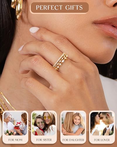 FUNEIA Stackable Silver Gold Rings for Women Non Tarnish 14K Gold Plated Thumb Cubic Zirconia Rings for Women Dainty Pinky Promise Wedding Ring Set Women's Engagement Eternity Band Rings Gold Jewelry - color: C-Gold Stackable Rings