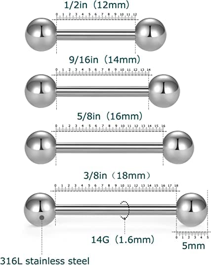 VCMART Nipple Rings Tongue Rings Stainless Steel 14G Straight Barbells Piercing Jewelry 12mm,14mm,16mm,18mm - color: 7 -silver & gold