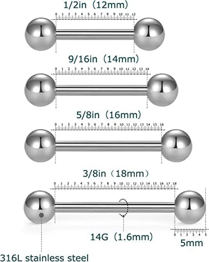 VCMART Nipple Rings Tongue Rings Stainless Steel 14G Straight Barbells Piercing Jewelry 12mm,14mm,16mm,18mm - color: 8 -silver & black