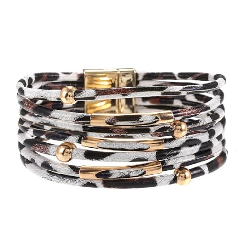 Layered Leopard Leather Wrap Bracelets Boho Leopard Multi-Layer Crystal Beads Cuff Bracelet Jewelry for Women - color: White