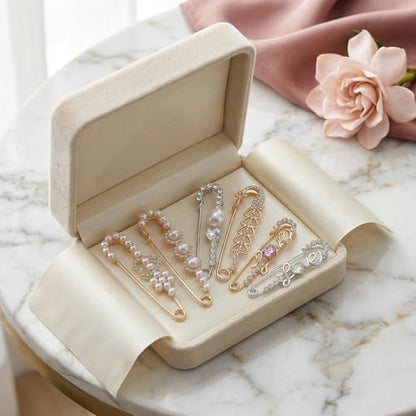 Ouligay 6 Pieces Women Brooch Pins Large Pearl Brooch Pin Sweater Shawl Clips Faux Crystal Pearl Brooches and Pin for Women, Brooches Safety Pins Dress Clips Shirt Clip for Clothing Costume Accessory