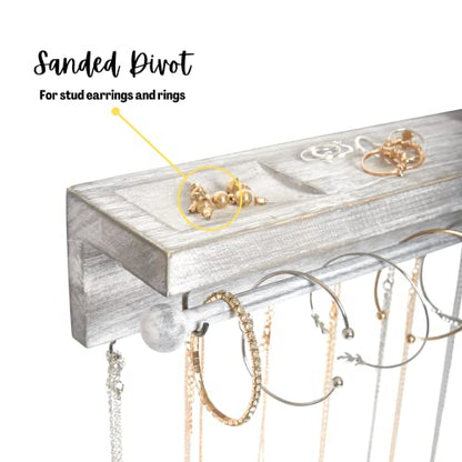 Rustic White Necklace Jewelry Organizer - Wall Mount Jewelry Holder - Mounted Hanging Jewelry Storage Hooks for Necklace, Earrings, and Rings - Farmhouse Wood Decor Bedroom Boho Shelf Rack - style: Rustic - Gray